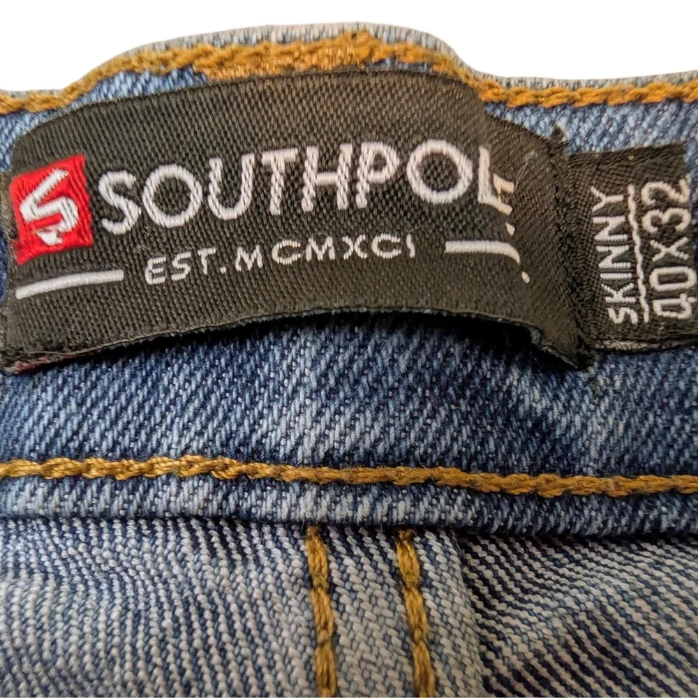 Southpole Mens Skinny Moto Jeans 40x32 Distressed Blue Denim Streetwear Pleated